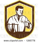 Vector Clip Art of Retro Scientist Working with Lab Equipment in a Yellow Brown and White Shield by Patrimonio