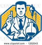 Vector Clip Art of Retro Scientist Working with Lab Equipment over a Ray Octagon by Patrimonio
