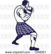 Vector Clip Art of Retro Scotsman Athlete Wearing a Kilt, Playing a Highland Weight Throwing Game by Patrimonio