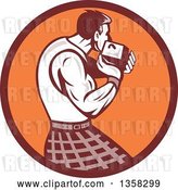 Vector Clip Art of Retro Scotsman Athlete Wearing a Kilt, Playing a Highland Weight Throwing Game in a Brown and Orange Circle by Patrimonio