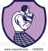 Vector Clip Art of Retro Scotsman Athlete Wearing a Kilt, Playing a Highland Weight Throwing Game in a Purple Shield by Patrimonio