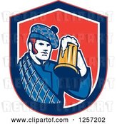 Vector Clip Art of Retro Scotsman in a Tartan, Holding a Beer in a Blue White and Red Shield by Patrimonio