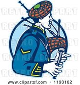 Vector Clip Art of Retro Scotsman Playing Bagpipes over a Blue Circle by Patrimonio