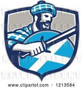 Vector Clip Art of Retro Scottish Highlander in a Tartan with a Sword and Shield in a Crest by Patrimonio
