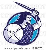 Vector Clip Art of Retro Scottish Highlander with a Sword and Shield in a Blue Circle by Patrimonio