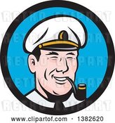 Vector Clip Art of Retro Sea Captain Smoking a Pipe in a Blue and Black Circle by Patrimonio