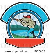 Vector Clip Art of Retro Sea Trout Fish Guy Hunter Holding a Shotgun over a Lake Scene by Patrimonio