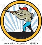 Vector Clip Art of Retro Sea Trout Fish Guy Hunter Shooting a Shotgun over a Sunset in a Circle by Patrimonio