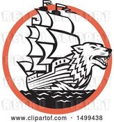 Vector Clip Art of Retro Sea Wolf Galleon Ship in a Black White and Orange Circle by Patrimonio
