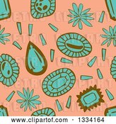Vector Clip Art of Retro Seamless Background Pattern of Turquoise and Brown Flowers and Gems over Salmon Pink by Cherie Reve