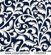 Vector Clip Art of Retro Seamless Background Pattern of White Floral Scrolls on Dark Blue by Vector Tradition SM