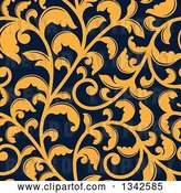 Vector Clip Art of Retro Seamless Background Pattern of Yellow Floral Scrolls on Navy Blue 2 by Vector Tradition SM