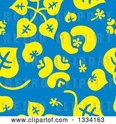 Vector Clip Art of Retro Seamless Background Pattern of Yellow Leaves and Flowers over Blue by Cherie Reve