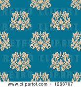 Vector Clip Art of Retro Seamless Pattern Background of Tan Floral Damask on Blue by Vector Tradition SM
