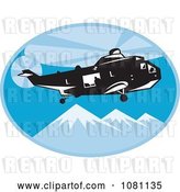 Vector Clip Art of Retro Search and Rescue Helicopter over Mountains by Patrimonio