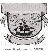 Vector Clip Art of Retro Seawolf over a Pirate Ship in a Shield with Banners by Patrimonio