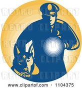Vector Clip Art of Retro Security Guard with a Dog and Flashlight over Orange by Patrimonio