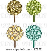 Vector Clip Art of Retro Set of Four Styled Trees Made of Brown, Yellow, Orange, Green and Blue Circles by KJ Pargeter