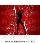 Vector Clip Art of Retro Sexy Black Silhouetted Lady over a Floral Grunge Background of Vines on Red by KJ Pargeter