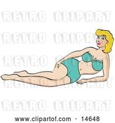 Vector Clip Art of Retro Sexy Blond Lady Wearing a Blue Bikini and Reclining on a Beach in the Summer by Andy Nortnik