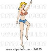 Vector Clip Art of Retro Sexy Blond Lady Wearing a Small Red and White Polka Dot Halter Top and Daisy Duke Blue Jean Shorts, Hitchhiking for a Ride by Andy Nortnik