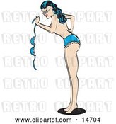 Vector Clip Art of Retro Sexy Brunette Lady in a Denim Bikini, Waving Her Top and Standing Topless Clipart Illustration by Andy Nortnik