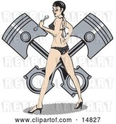 Vector Clip Art of Retro Sexy Brunette Lady in a Polka Dot Bikini and High Heels, Holding a Wrench and Looking Back While Standing in Front of a Piston by Andy Nortnik