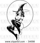 Vector Clip Art of Retro Sexy, Flirty, Young Witch in Tall Boots and a Pointy Hat, Her Bra Strap over Her Shoulder, Sitting in Front of a Full Moon by Lawrence Christmas Illustration