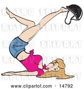 Vector Clip Art of Retro Sexy Lady with Dirty Blond Hair, Lying on Her Back and Kicking Her Legs up While Playing with a Helmet on Her Feet by Andy Nortnik