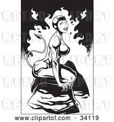 Vector Clip Art of Retro Sexy, Muscular Female She Devil Seated on a Rock in Hello, on a Flaming Background by Lawrence Christmas Illustration