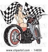 Vector Clip Art of Retro Sexy Topless Brunette Lady in a Red Thong, Stockings and Heels, Looking Back over Her Shoulder and Holding a Wrench While Sitting on a Motorcycle and Racing Flags in the Background by Andy Nortnik