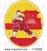Vector Clip Art of Retro Shaolin Kung Fu Martial Artist in a Fighting Stance in an Oval with a Pagoda by Patrimonio