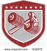 Vector Clip Art of Retro Shield with a Dumbbell and Sledgehammer by Patrimonio