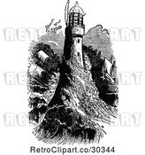 Vector Clip Art of Retro Ship and Waves Crashing into a Light House by Prawny Vintage