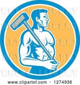Vector Clip Art of Retro Shirtless Male Worker with a Sledgehammer in a Blue White and Yellow Circle by Patrimonio