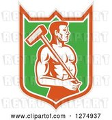 Vector Clip Art of Retro Shirtless Male Worker with a Sledgehammer in a Taupe Orange White and Green Shield by Patrimonio
