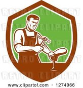 Vector Clip Art of Retro Shoemaker Cobbler Working in a Brown White and Green Shield by Patrimonio