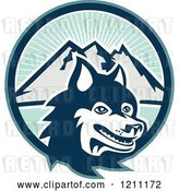 Vector Clip Art of Retro Siberian Husky Dog over Circle of Sunshine and Mountains by Patrimonio