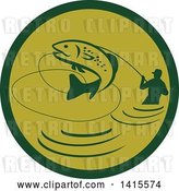 Vector Clip Art of Retro Silhoeutted Wading Fisher Man Reeling in a Jumping Trout in a Green Circle by Patrimonio