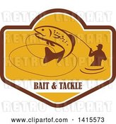 Vector Clip Art of Retro Silhoeutted Wading Fisher Man Reeling in a Jumping Trout in a Yellow Crest over Bait and Tackle Text by Patrimonio