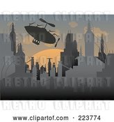 Vector Clip Art of Retro Silhouetted Airship over a Futuristic City at Sunset by