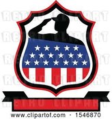 Vector Clip Art of Retro Silhouetted American Veteran Soldier Saluting in an American Shield over a Banner by Patrimonio