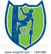 Vector Clip Art of Retro Silhouetted Arborist Climbing a Pole with a Chainsaw in a Blue White and Green Shield by Patrimonio