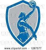 Vector Clip Art of Retro Silhouetted Basketball Player Doing a Layup in a Blue White and Gray Shield by Patrimonio