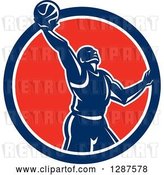 Vector Clip Art of Retro Silhouetted Basketball Player Doing a Layup in a Blue White and Red Circle by Patrimonio
