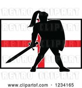 Vector Clip Art of Retro Silhouetted Black Knight in Full Armor over an English Flag by Patrimonio