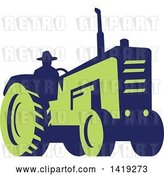 Vector Clip Art of Retro Silhouetted Blue and Green Farmer Operating a Tractor by Patrimonio