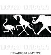 Vector Clip Art of Retro Silhouetted Border of an Ostrich Giraffe and Elephant with a Flag by Prawny Vintage