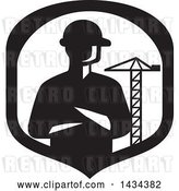 Vector Clip Art of Retro Silhouetted Builder Engineer or Foreman with Folded Arms in a a Shield with a Construction Crane by Patrimonio