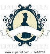 Vector Clip Art of Retro Silhouetted Cameo of a Victorian Lady in a Floral Frame with a Blank Ribbon by BNP Design Studio
